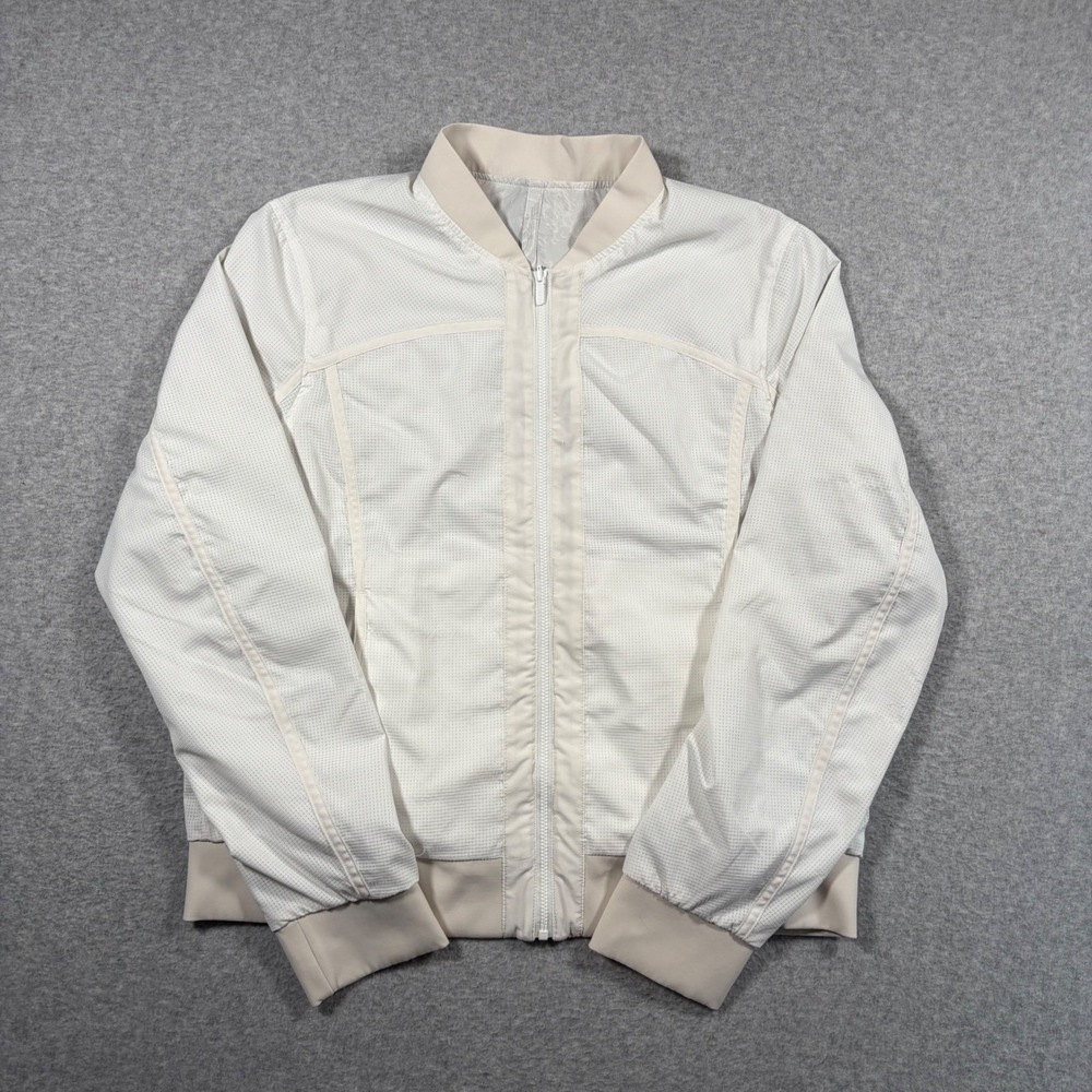 Lululemon Bomber Jacket Women Size 12 White Mesh Grid Full Zip Activewear